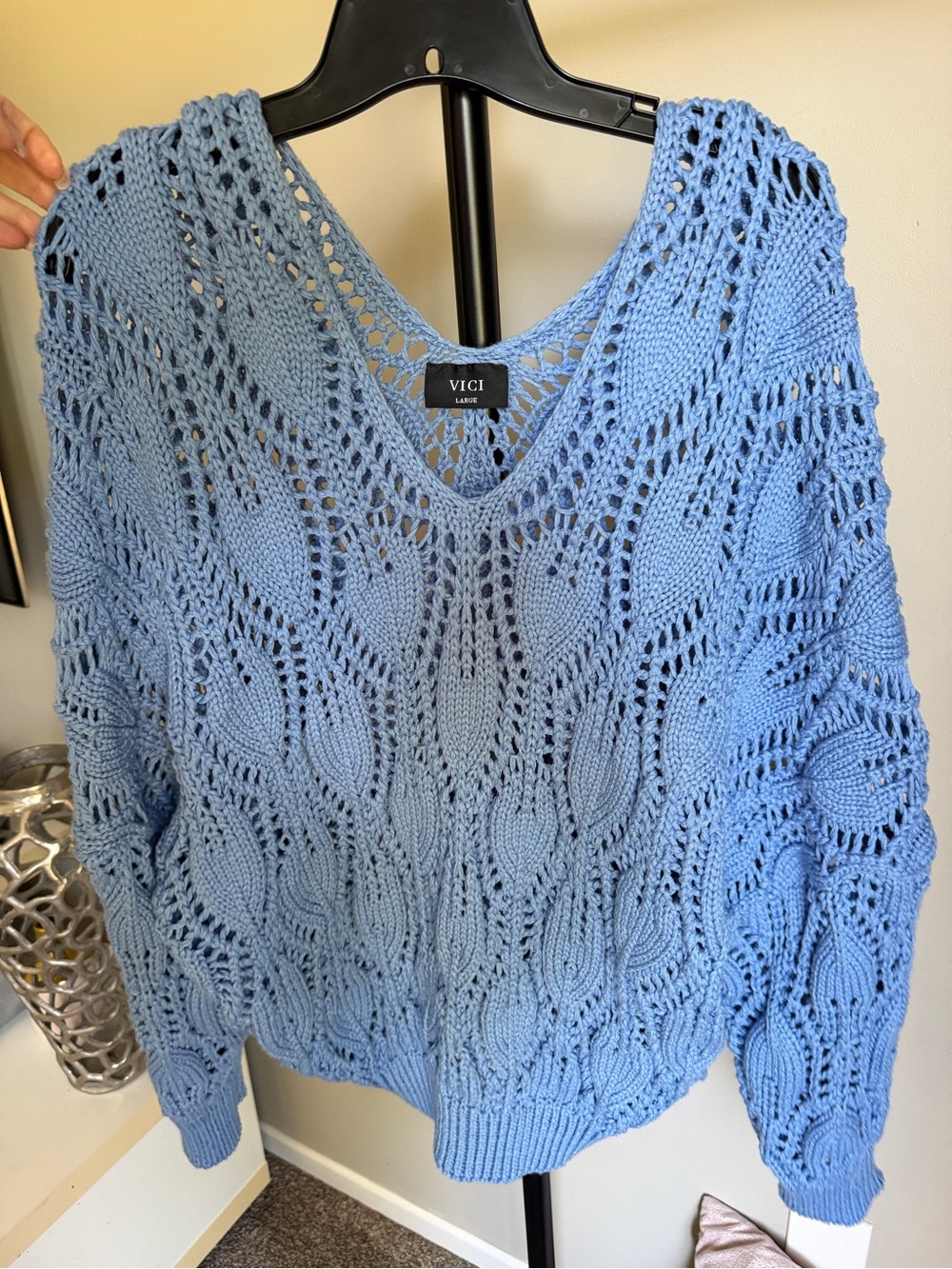 VICI Sky Blue Open-Knit V-Neck Sweater